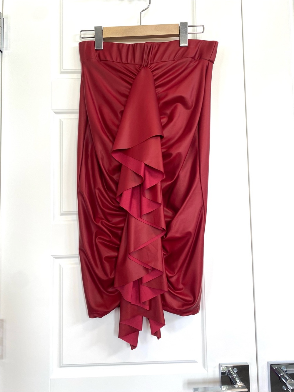 NWOT ~ GoJane Red Leather Look Midi Skirt with Cascading Ruffle